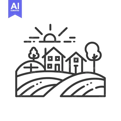 Aset desain premium: Line Art Illustration of a Rural Landscape with Houses and a Rising Su