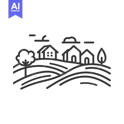 Aset desain premium: Line Art Illustration of a Rural Landscape with Houses and Rolling Hil