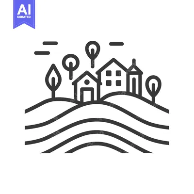 Aset desain premium: Line Art Illustration of a Rural Village Landscape with Houses and Tre