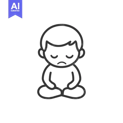 Premium design asset: Line Art Illustration of a Sad Boy Sitting with Legs Crossed