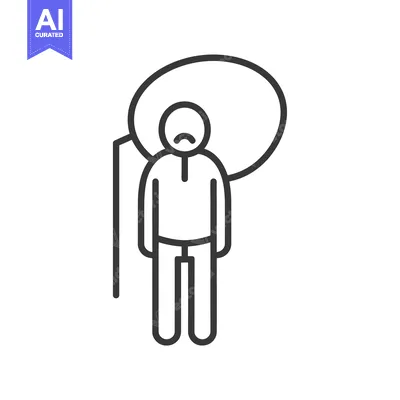 Line art illustration of a sad person standing with a thought bubble