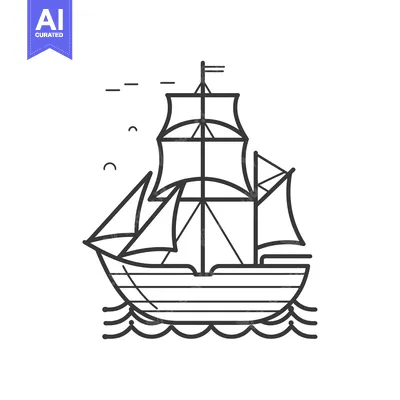 Aset premium populer: Line Art Illustration of a Sailing Ship with a Flag