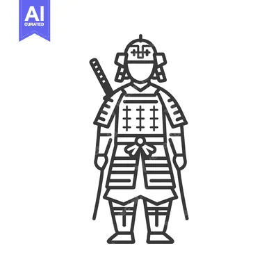 Aset desain premium: Line art illustration of a samurai in armor with a katana