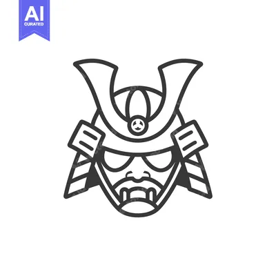 Aset desain premium: Line Art Illustration of a Samurai Warrior's Face with Helmet