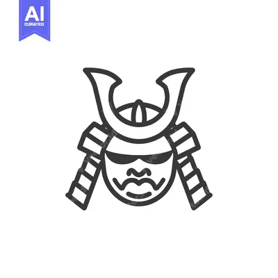 Aset desain premium: Line art illustration of a samurai warrior's face with helmet and armo