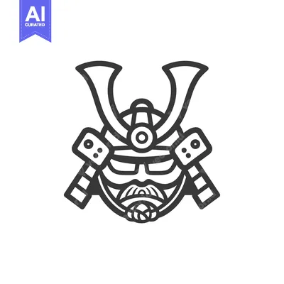 Aset desain premium: Line Art Illustration of a Samurai Warrior's Face with Helmet and Faci