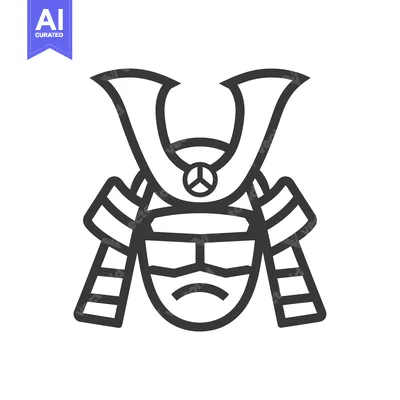 Aset desain premium: Line Art Illustration of a Samurai Warrior's Helmet with a Peace Sign