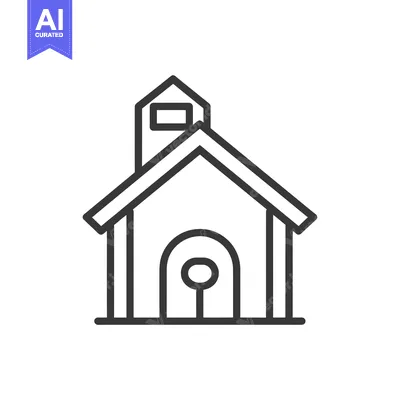 Line Art Illustration of a School Building with a Bell Tower