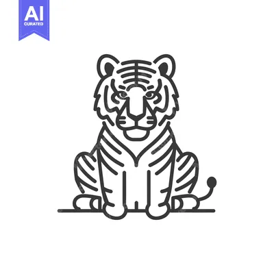 Aset desain premium: Line art illustration of a seated tiger with striped fur