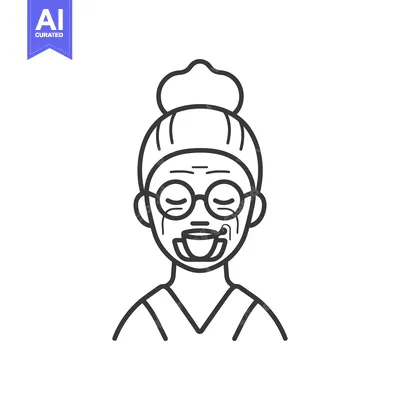 Aset desain premium: Line Art Illustration of a Senior Woman with a Cup in Her Mouth