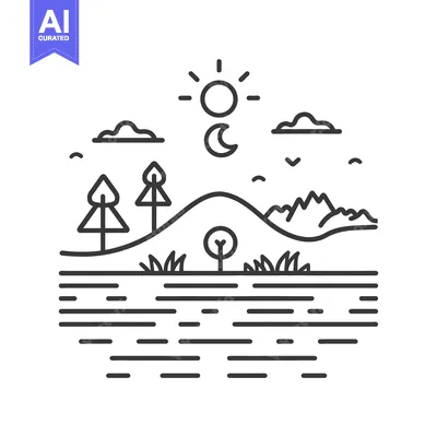 Aset premium populer: Line Art Illustration of a Serene Landscape with a Lake, Mountains, an
