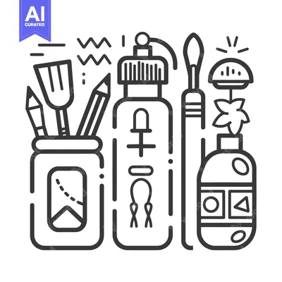 Aset desain premium: Line Art Illustration of a Set of Essential Items for Hiking and Campi