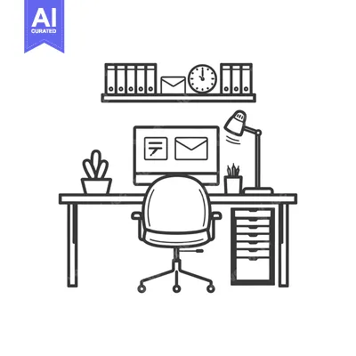 Aset premium populer: Line art illustration of a simple office desk setup