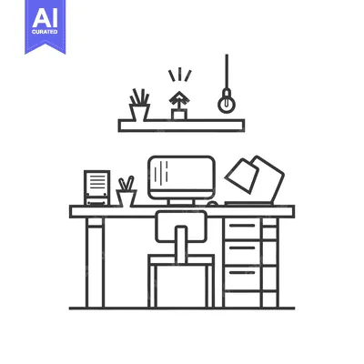 Aset premium populer: Line art illustration of a simple office desk with a computer, chair,