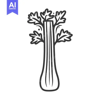 Line art illustration of a single stalk of celery with leaves