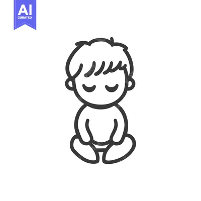 Aset desain premium: Line Art Illustration of a Sitting Boy with Closed Eyes