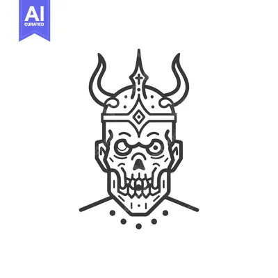 Premium design asset: Line Art Illustration of a Skull with Horns and a Crown