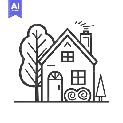 Popular premium asset: Line Art Illustration of a Small House with a Tree and a Pine