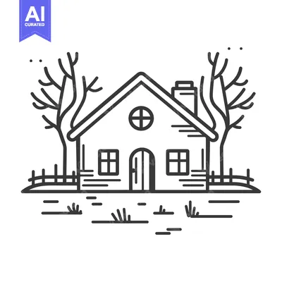Aset premium populer: Line art illustration of a small house with trees and a fence