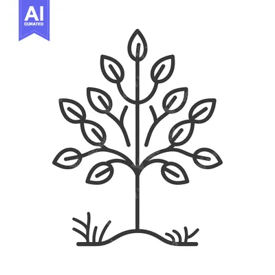Aset premium populer: Line art illustration of a small tree with leaves and grass
