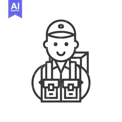 Premium design asset: Line art illustration of a smiling delivery person with a backpack