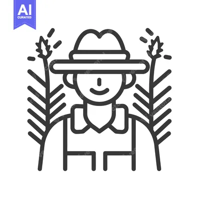 Premium design asset: Line art illustration of a smiling farmer wearing a hat with wheat sta
