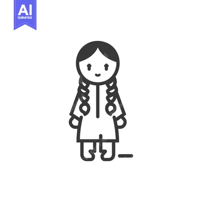 Aset desain premium: Line art illustration of a smiling girl with braids