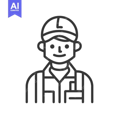 Aset desain premium: Line art illustration of a smiling man wearing a cap and overalls