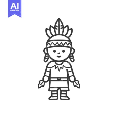 Premium design asset: Line art illustration of a smiling Native American child wearing a hea