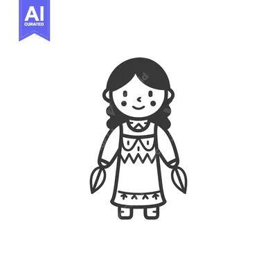 Aset desain premium: Line art illustration of a smiling Native American girl with long hair