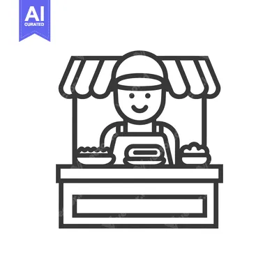 Premium design asset: Line art illustration of a smiling vendor selling hot dogs from a food