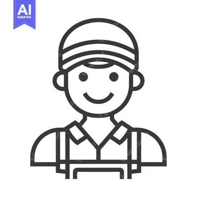 Aset premium populer: Line Art Illustration of a Smiling Worker Wearing a Cap and Overalls