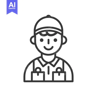 Premium design asset: Line art illustration of a smiling worker wearing a hat and overalls