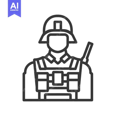 Aset premium populer: Line art illustration of a soldier wearing a helmet and carrying a rif