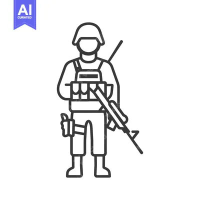 Aset premium populer: Line art illustration of a soldier with a rifle and helmet