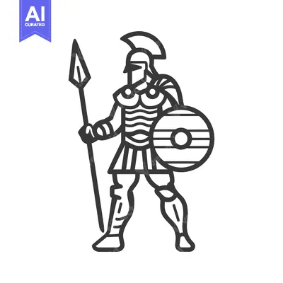 Aset desain premium: Line Art Illustration of a Spartan Warrior with Spear and Shield