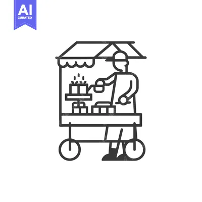Aset desain premium: Line Art Illustration of a Street Food Vendor with a Cart Selling Food