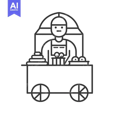 Aset premium populer: Line Art Illustration of a Street Vendor Selling Goods from a Cart
