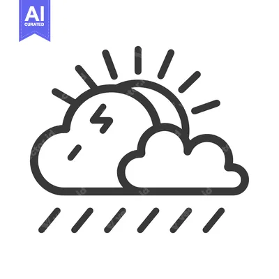Line Art Illustration of a Sun, Cloud, Lightning Bolt, and Rain