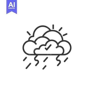 Aset desain premium: Line art illustration of a sun, clouds, checkmark, and rain
