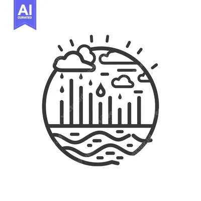 Aset premium populer: Line art illustration of a sun, clouds, rain, and ocean.