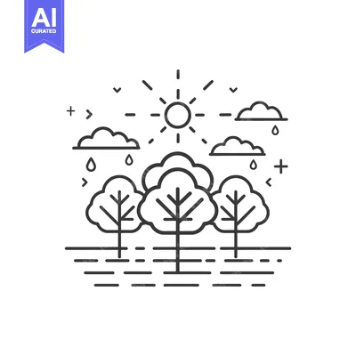 Aset desain premium: Line art illustration of a sunny day with three trees and clouds with