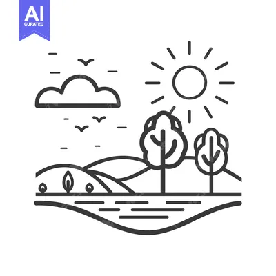 Aset desain premium: Line Art Illustration of a Sunny Day with Trees, Hills, and a River