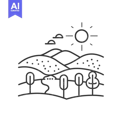 Popular premium asset: Line Art Illustration of a Sunny Landscape with Hills, Trees, and a St