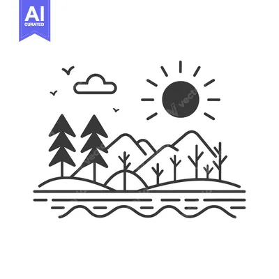 Aset desain premium: Line Art Illustration of a Sunny Landscape with Trees, Mountains, and