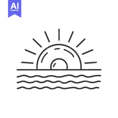Aset premium populer: Line art illustration of a sun setting over wavy water