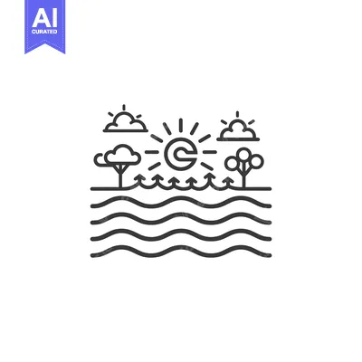Aset premium populer: Line art illustration of a sun, trees, clouds, and wavy water