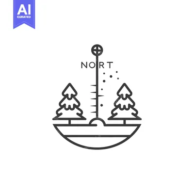 Aset desain premium: Line Art Illustration of a Thermometer with Two Evergreen Trees on Eit