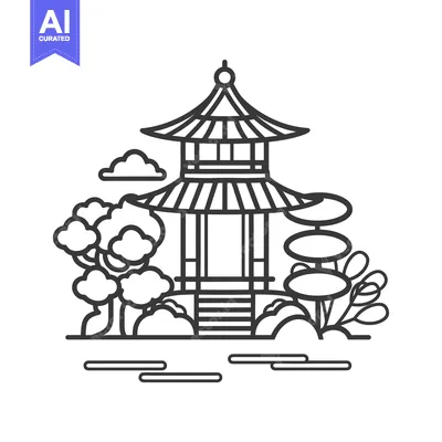 Line Art Illustration of a Traditional Asian Pagoda with Surrounding T
