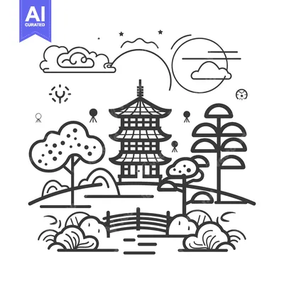 Aset desain premium: Line Art Illustration of a Traditional Japanese Pagoda in a Garden Set